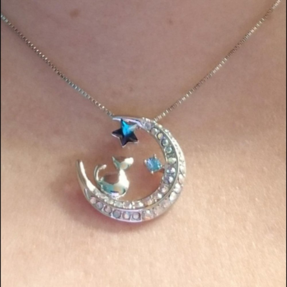 Cat on Moon Necklace Pendant with Swarovski - Picture 3 of 5